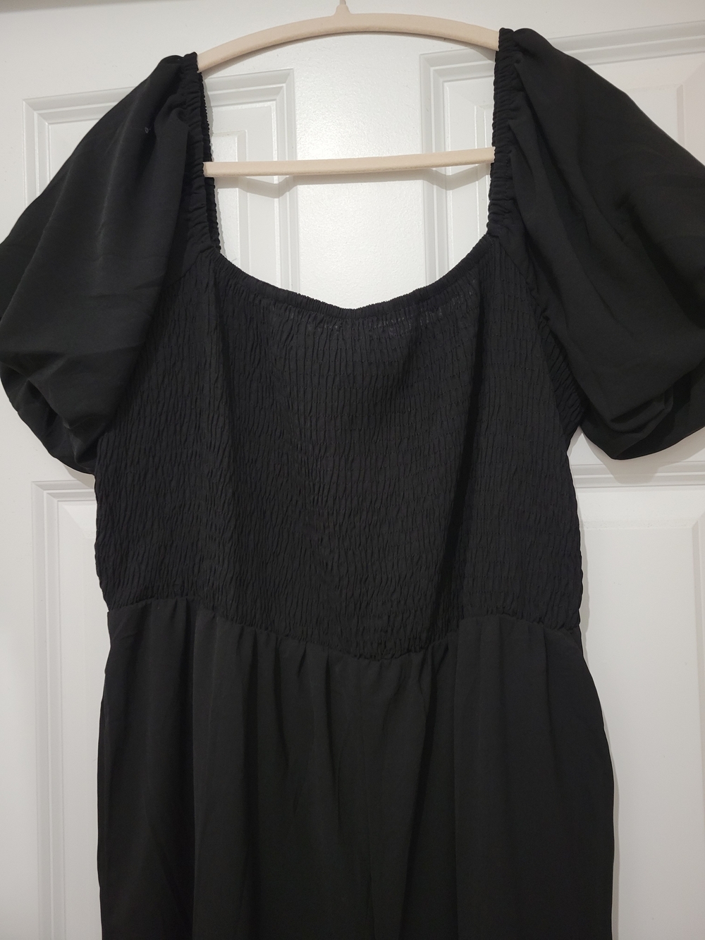 Women's Black Puff Sleeve Smocked Bodice Jumpsuit